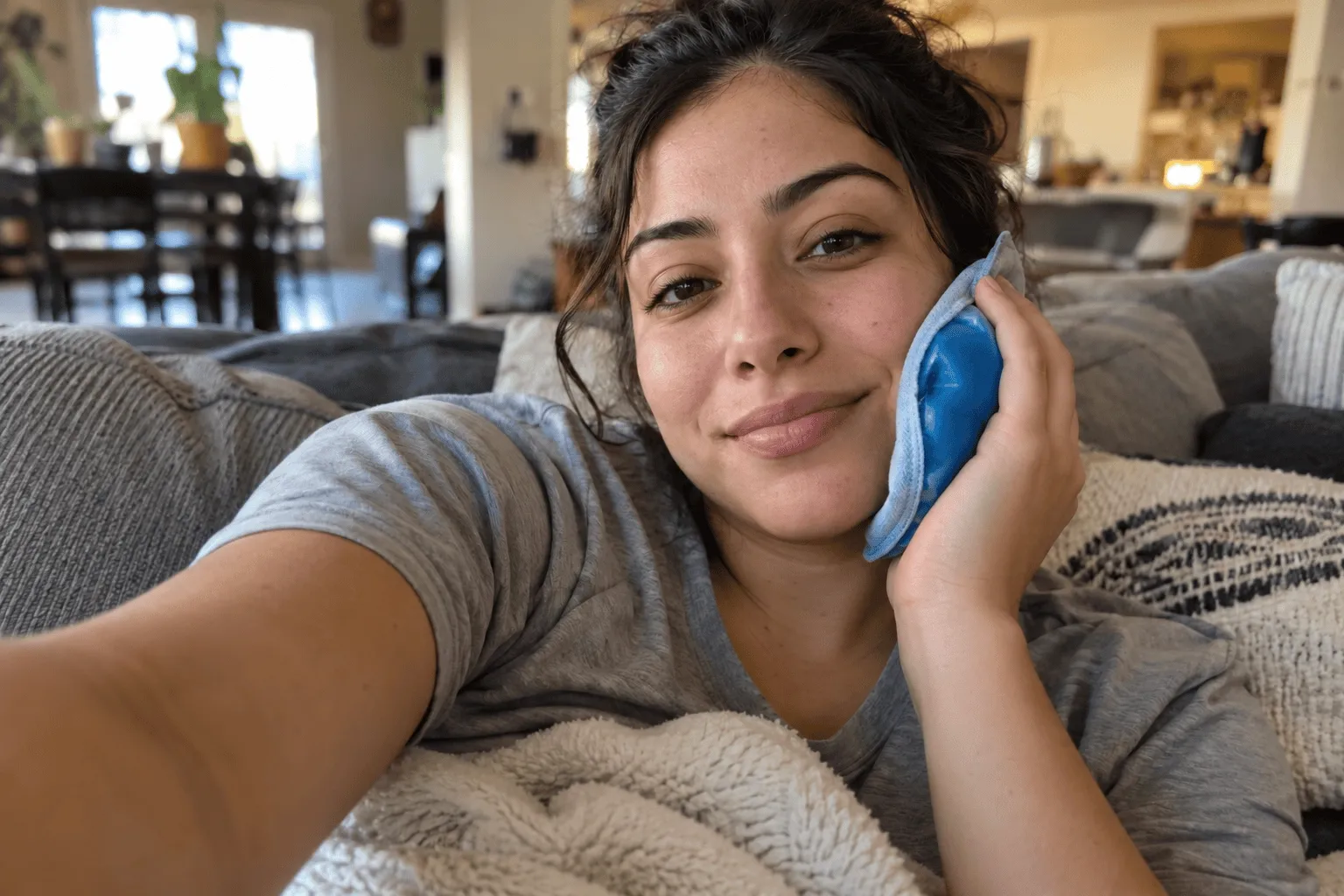 Paciente descansando en casa después de una cirugía oral