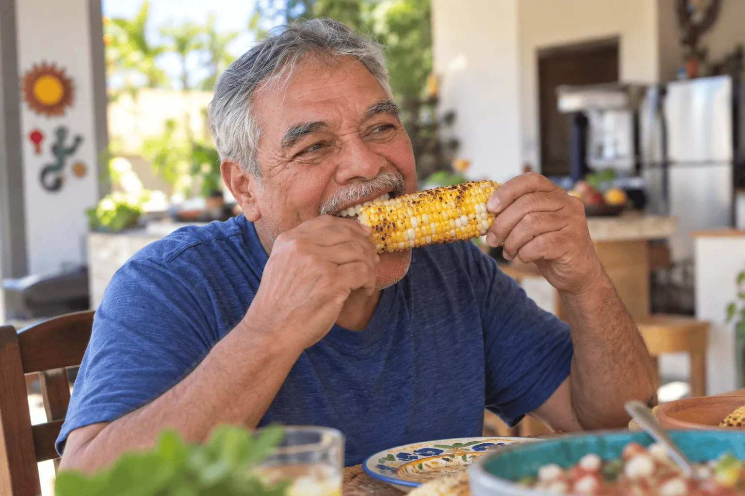 Paciente comiendo mazorca con una prótesis dental cómoda