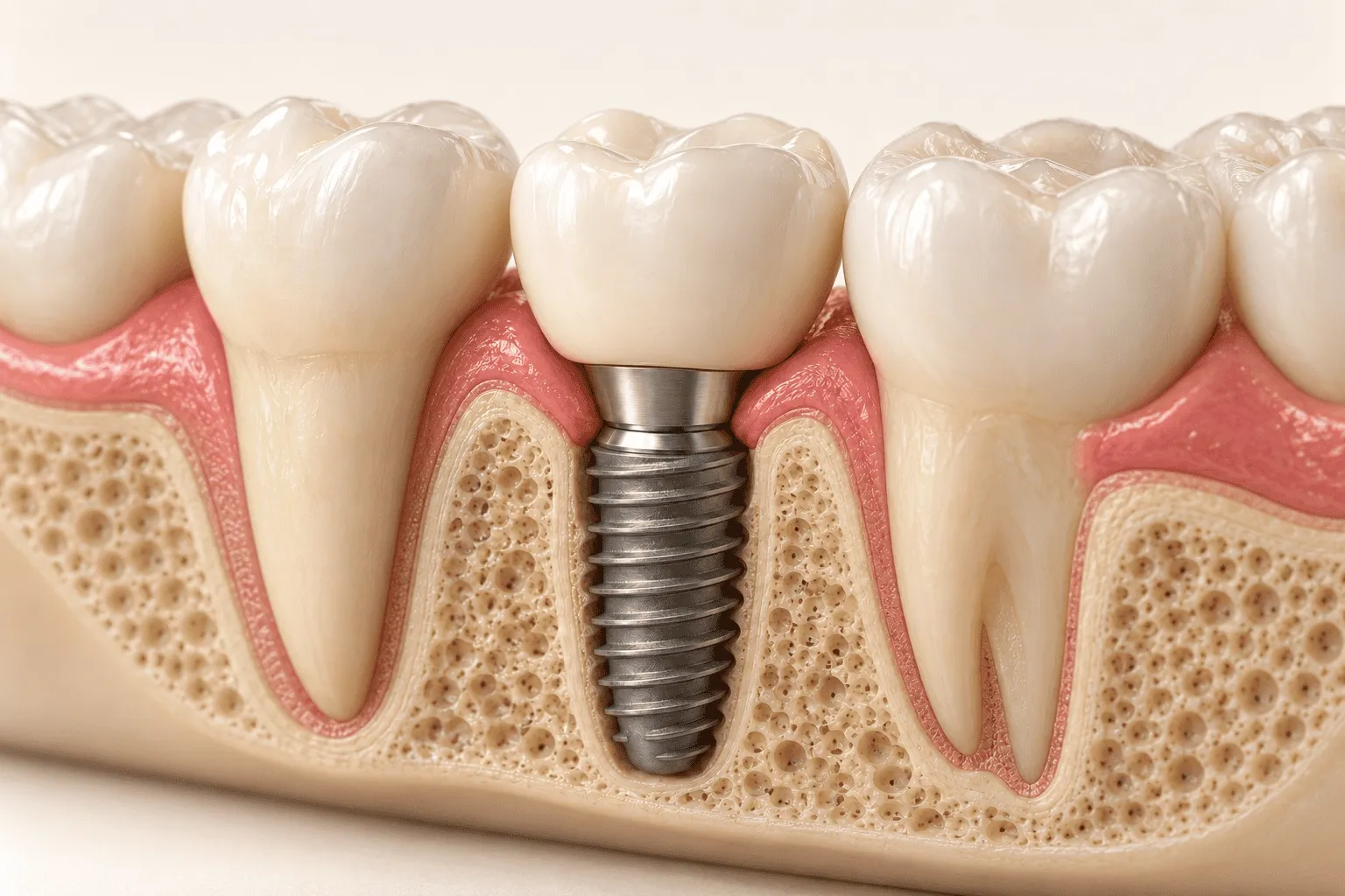 Modelo de un implante dental entre dos dientes naturales